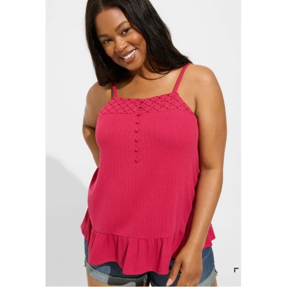 Torrid Pink Crochet Yoke Button Front Ruffle Hem Cami Tank Top Size 3 3X